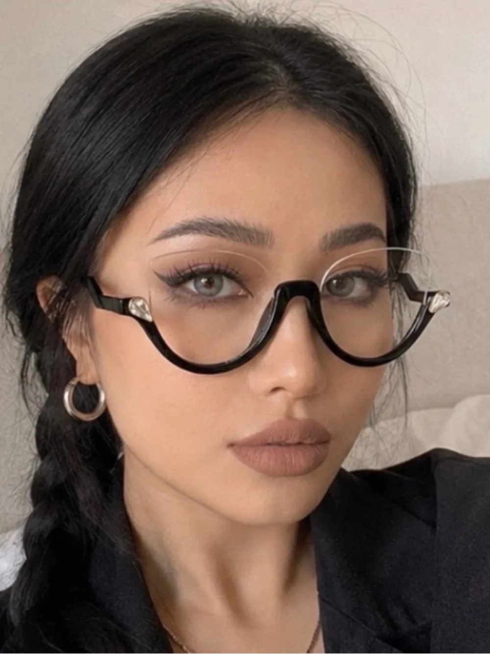 Women’s Cat Eye Clear Lens Fashion Eyeglasses Black Semi Rimless
